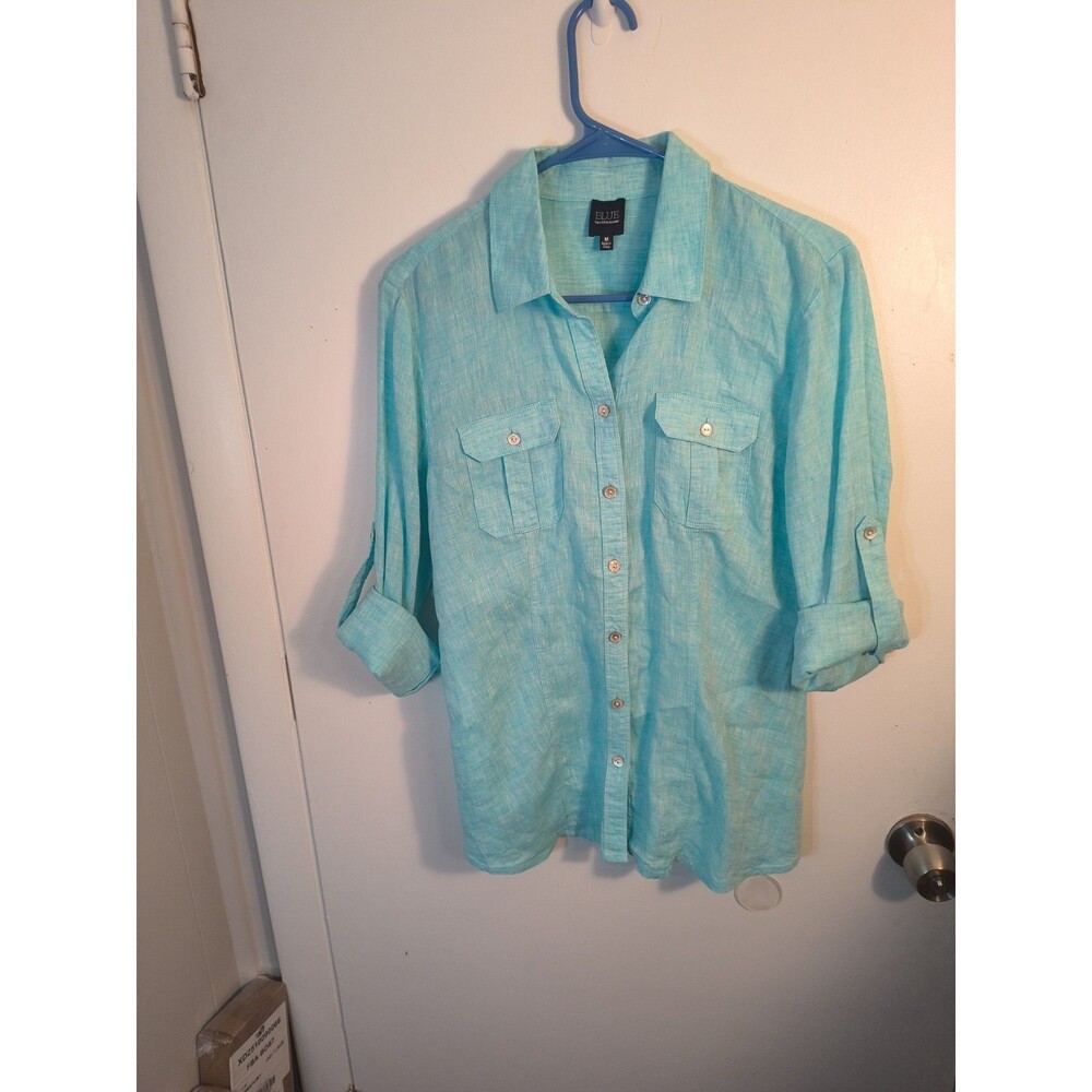 BLUE Saks Fifth Avenue 100% Linen Shirt Womens M Turquoise Aqua Roll Tab Sleeve